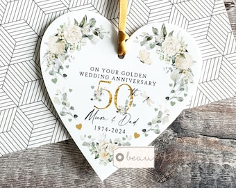 Personalised Wedding Anniversary gift couple Mr & Mrs 25th 50th 1st 40th 35th Golden Greenery Acrylic heart Decoration Ornament Keepsake