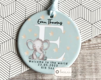 Personalised New Baby Gift Boy Girl Welcome to the world Newborn Elephant Pink Grey Blue Design Ceramic or Acrylic Round Ornament Keepsake