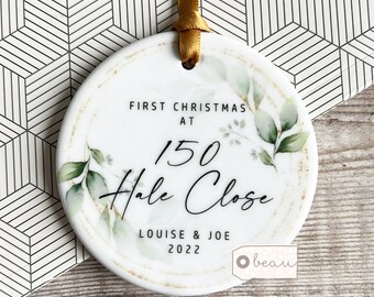 Personalised First Christmas at Address New Home Gift Eucalyptus Botanical Greenery Design Ceramic or Acrylic Round Ornament Keepsake