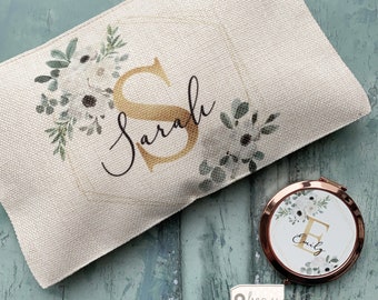 Personalised Name Eucalyptus Wreath Design Linen style Fabric Make up Bag Birthday gift for her mum sister friend