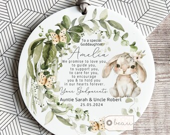 Personalised Promise to Godchild Christening Baptism Gift Baby Godson Grandson Boy Rabbit Greenery Ceramic or acrylic Ornament Keepsake
