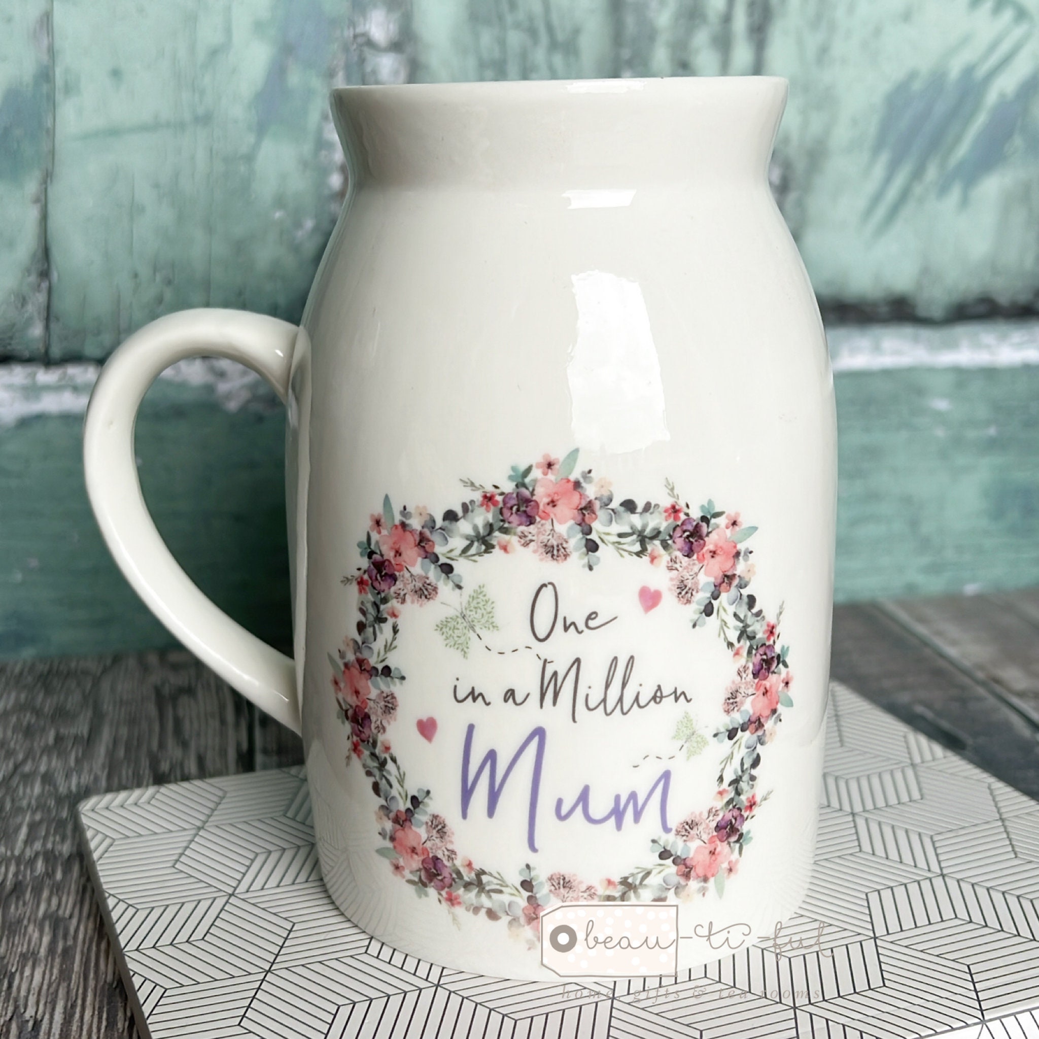 Discover Personalised One in a million Mum Gran Nanna Grandma Home Quote Lilac pink Floral Design Home Ceramic small Jug Vase Mug Birthday Gift