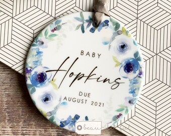 Personalised Pregnancy reveal Pregnant New Baby Boy Girl Blue Grey Floral Design Ceramic Round Ornament Keepsake