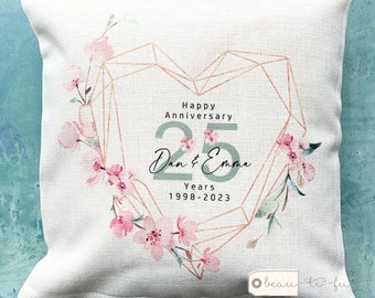Personalised Wedding anniversary Gift 25th 50th 1st 40th 10th Home Quote Pink Blossom Heart Design Home Quote Linen Style Cushion cover