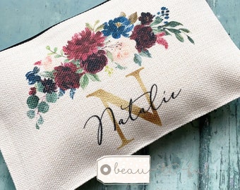 Personalised Name Burgundy Navy floral Design Linen style Fabric Make up Bag Birthday gift for her mum sister friend