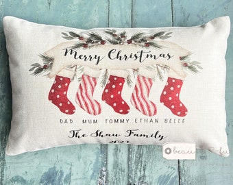 Personalised Christmas Family Names Home Stockings Holly Foliage Greenery Design Home Quote Linen Style Cushion cover
