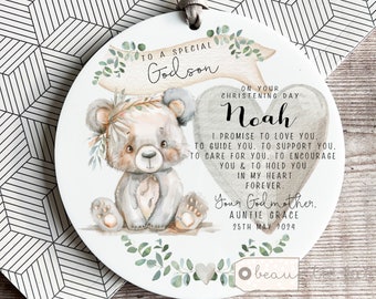 Personalised Promise to Godchild Christening Baptism Gift Baby Godson Grandson Boy Teddy bear Greenery Ceramic or acrylic Ornament Keepsake
