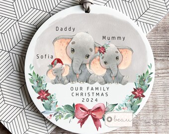 Personalised Family Christmas Elephant Greenery Design Acrylic or ceramic Round Ornament Keepsake Tree decoration gift