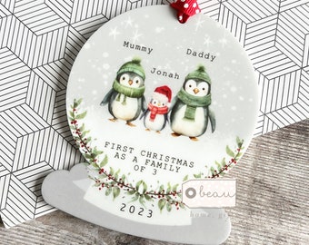 Personalised 1st Christmas gift First Christmas as a family of 3 4 5 Penguin Acrylic Snowglobe shape Ornament Keepsake Boy gift child gift