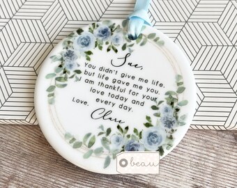 Personalised Bonus Mum Mom Stepmum stepmom Like a mum Thank you Quote Greenery Ceramic or Acrylic Round Ornament Wedding Keepsake