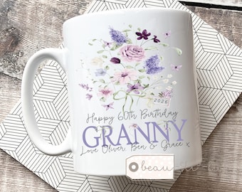 Personalised Floral Birthday Mug, Custom Age Gift, Gift for her, Milestone age gift, Mum Friend Nanny Grandma Nana gift
