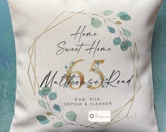 Personalised Home Sweet Home Address Quote Foliage Greenery Design Home Quote Linen Style Cushion cover