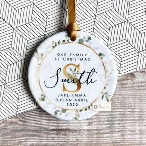 Personalised Christmas Family Names Greenery Gold leaf Design Ceramic Round Ornament Keepsake