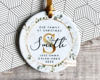 Personalised Christmas Family Names Greenery Gold leaf Design Ceramic Round Ornament Keepsake
