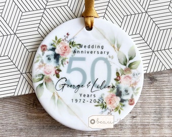 Personalised Wedding Anniversary Names Mr & Mrs 25th 50th 1st 40th 35th Blue Blush Greenery Ceramic Round Decoration Ornament Keepsake