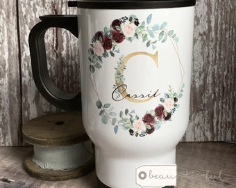 Personalised Name Burgundy Floral Travel Mug - coffee mug - tea mug- hot drink cup