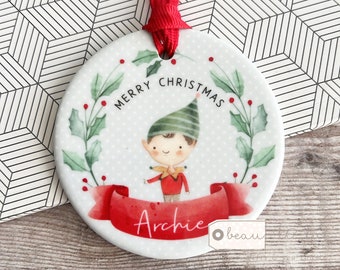 Personalised Merry Christmas Gift Boy Girl Child gift Holly Elf Pixie Design Ceramic or Acrylic Round Ornament Keepsake Tree Decoration