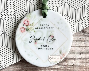 Personalised Wedding Anniversary Gift Mr & Mrs 25th 50th 1st Pink roses Greenery Ceramic or Acrylic Round Decoration Ornament Keepsake