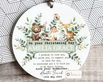 Personalised Promise to Godchild Christening Baptism Gift Baby Godson Boy Girl Woodland Animal Ceramic or acrylic Round Ornament Keepsake