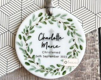 Personalised Christening Baptism gift Baby Boy Girl Geometric Greenery Design Ceramic or Acrylic Round Ornament Keepsake