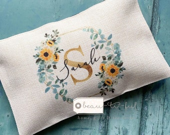Personalised Name and initial Purple Floral Design Linen style Fabric Make up Bag Birthday gift for her mum sister friend