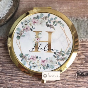 Personalised Name Eucalyptus Floral Geometric Greenery Round Rose Gold Compact Pocket Mirror Keepsake Bridesmaid Gift