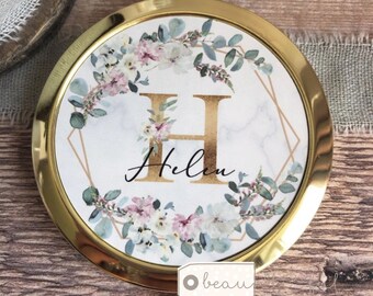 Personalised Name Eucalyptus Floral Geometric Greenery Round Rose Gold Compact Pocket Mirror Keepsake Bridesmaid Gift