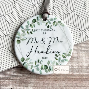 Personalised First Christmas Married Wedding gift Mr Mrs Newlywed Botanical Greenery Design Ceramic or Acrylic Round Ornament Keepsake