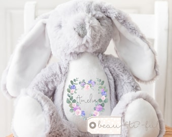 Personalised Baby Girl Boy Gift Bunny Rabbit Newborn New Baby Shower Gift floral Heart Christening Baptism Rabbit Bunny Soft Toy Keepsake