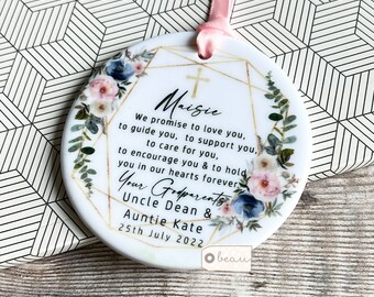 Personalised Promise to Godchild Christening Baptism gift Baby Boy Girl Dusty blue pink floral Ceramic or Acrylic Round Ornament Keepsake