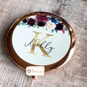 Personalised Name Burgundy Navy Floral Round Rose Gold Compact Pocket Mirror Keepsake