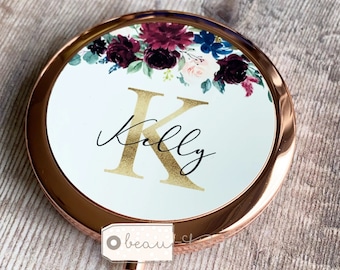 Personalised Name Burgundy Navy Floral Round Rose Gold Compact Pocket Mirror Keepsake