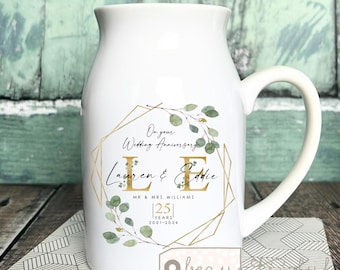 Personalised Anniversary Small Vase Jug Mug, Wedding anniversary, Gift for her, Ruby Golden China, gift for couple