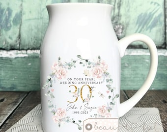 Personalised Pearl Wedding Anniversary gift 30th 30 Ruby Silver Golden Diamond Ruby Anniversary gift Floral Ceramic Small Vase Jug Mug
