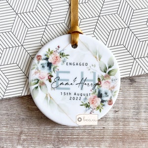 Personalised Engagement gift Engaged blush pale blue floral Greenery Leaf Ceramic or Acrylic Round Decoration Ornament Keepsake