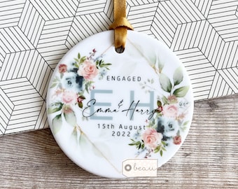 Personalised Engagement gift Engaged blush pale blue floral Greenery Leaf Ceramic or Acrylic Round Decoration Ornament Keepsake