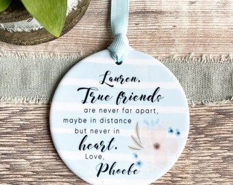 Personalised True friends are never far apart Quote Blue Stripe Design Ceramic Round Decoration Ornament Keepsake