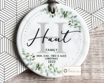 Personalised Christmas Family Names Greenery leaf Design Ceramic or Acrylic Round Ornament Keepsake