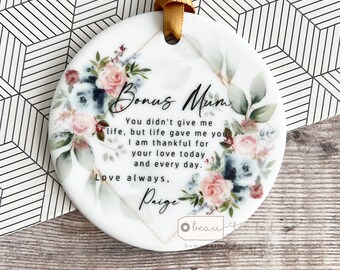 Personalised Bonus Mum Mom Stepmum stepmom gift Like a mum Thank you Quote Greenery Ceramic or Acrylic Round Ornament Wedding Keepsake