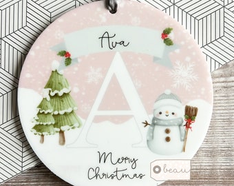 Personalised Merry Christmas Snowman Snowflake Design Acrylic or Ceramic Tree Ornament Keepsake Gift