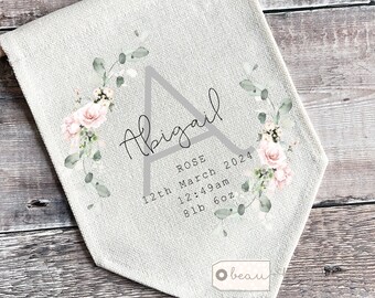 Personalised New baby Flag New baby gift Birth Gift Nursery Decor Welcome to the world Floral Newborn  Linen Style Pennant Flag Room Decor