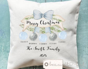 Personalised Christmas Family cushion Wreath Bauble Family gift Foliage Greenery Home Quote Linen Style Cushion cover