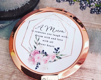 Personalised A Mum is someone you laugh with Mom Mam Gran Nanny Gift Quote Pink burgundy Floral Compact Pocket mirror
