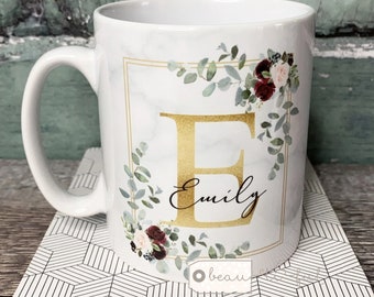 Personalised Name and initial Burgundy geometric greenery Mug - Coffee Mug - Tea Mug - Bridesmaid gift - Friend Gift