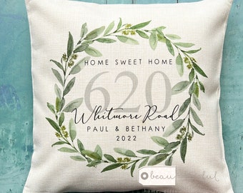 Personalised Home Sweet Home Address Quote Eucalyptus wreath Design Home Quote Linen Style Cushion cover