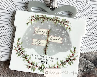 Personalised First Christmas as Grandparents Grandma Nanna to signpost gift Acrylic present shaped Ornament tree Keepsake bauble