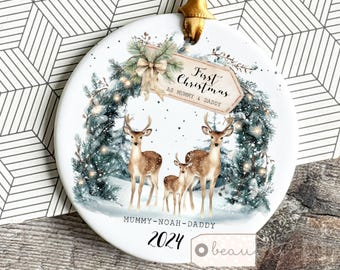 Personalised First Christmas as Mummy Daddy Mommy Mam Mammy Dad New Baby Deer Woodland scene Greenery Ceramic or Acrylic Ornament Keepsake