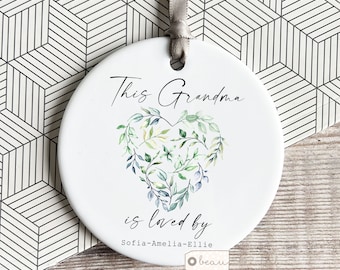 Personalised Grandma Nanna Nana Nanny Mother’s Day Gift Sentiment Loved by Botanical Heart Quote Ceramic or Acrylic hanging keepsake
