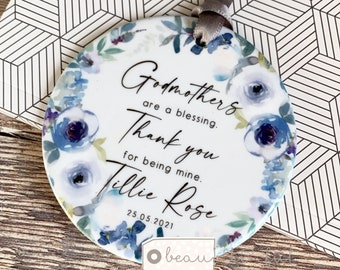 Personalised Thank you Godmother Godfather Godparents Christening Baptism Quote Blue Floral greenery Design Ceramic Round Ornament Keepsake