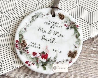 Personalised First Christmas Married Wedding gift Mr Mrs Newlywed Holly Foliage Pinecone Candle Ceramic or Acrylic Round Ornament Keepsake